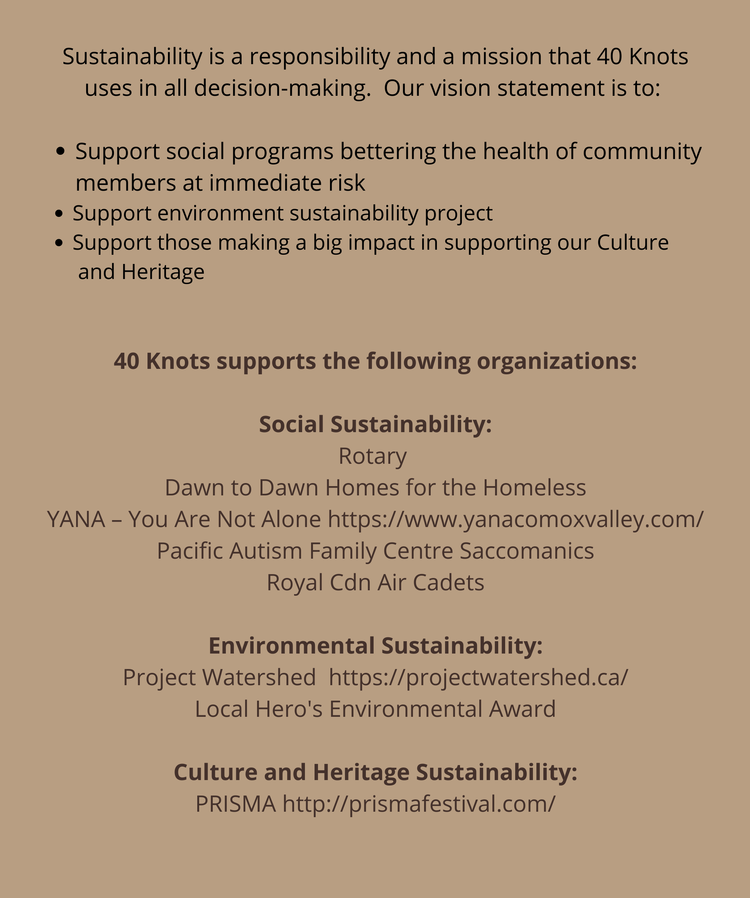 Sustainability is a responsibility and a mission that 40 Knots uses in all decision-making. Our vision statement is to: Support social programs bettering the health of community members at immediate risk.  Support environment sustainability project.  Support those making a big impact in supporting our Culture and Heritage.  40 Knots supports the following organizations.  For Social Sustainability: Rotary, Dawn to Dawn Homes for the Homeless, YANA - You Are Not Alone, Pacific Autism Family Centre Saccomanics and Royal Canadian Air Cadets.  For Environmental Sustainability: Project Watershed and Local Hero's Environmental Award.  For Culture and Heritage Sustainability: PRISMA