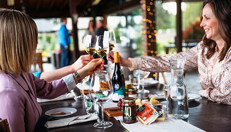 Group of people enjoying wine and cheese on the terrace