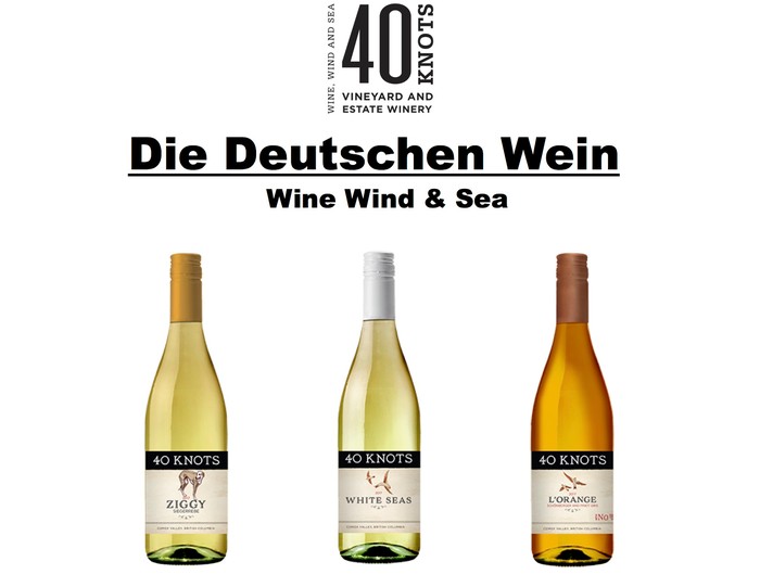 Title: Wine, Wind and Sea above an image of three 40 Knots wine bottles.