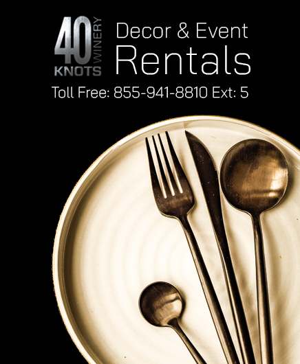 Image of a single gold place setting. Text: 40 Knots Decor & Events Rentals. Toll Free: 844-941-8810. Extension 5.