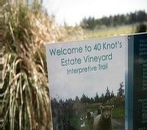 Image of the Welcome to 40 Knots Estate Vineyard interpretive trail sign.