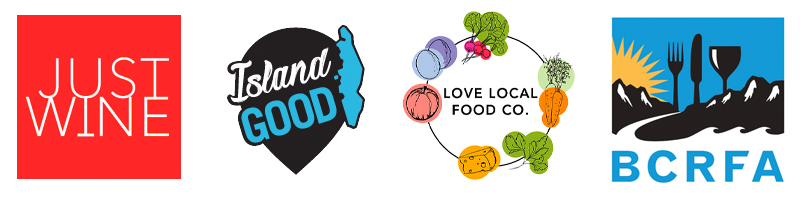 Image of Just Wine logo, Island Good logo, Love Local Food Co. logo and B C R F A logo