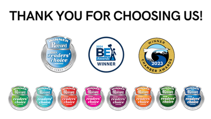 Image of nine colourful 2023 to 2015 Readers Choice Award Badges