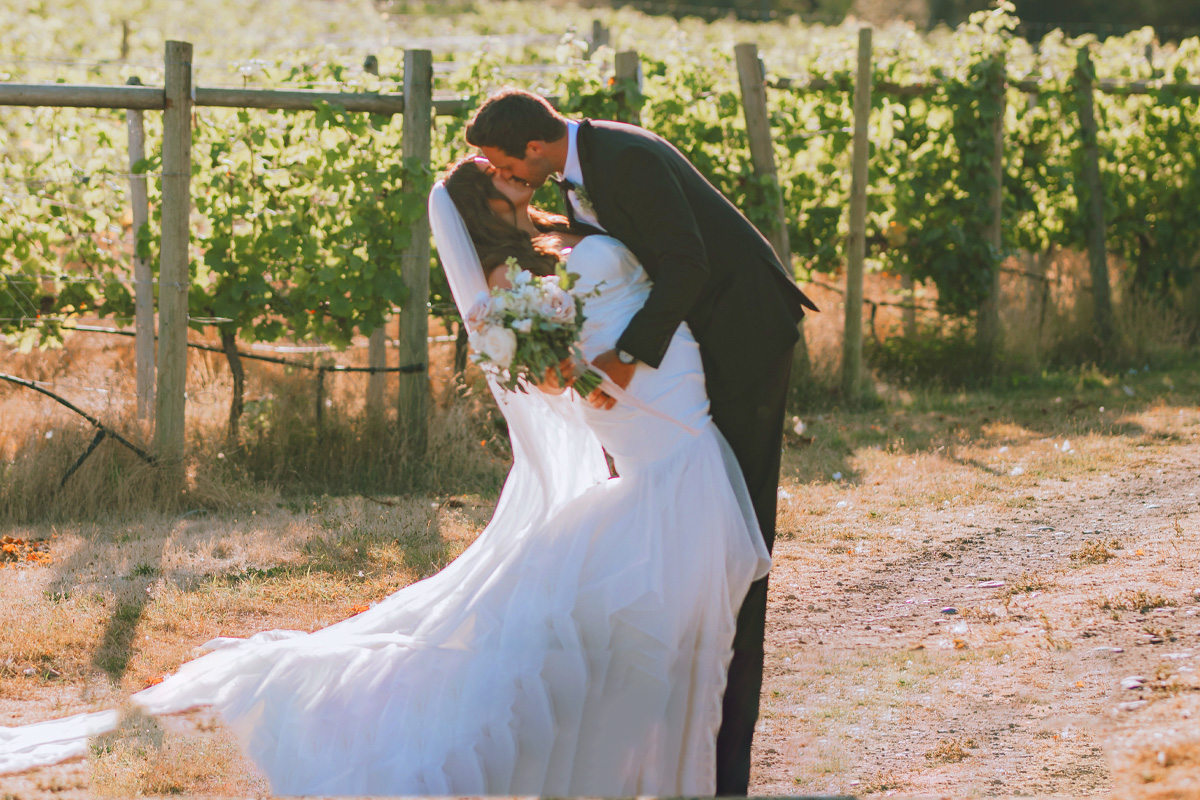Bride and groom in vineyard