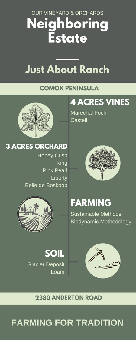 Title: Neighbouring Estate. Just About Ranch.  Subtitle: Comox Peninsula.  4 Acres Vines, Marechal Foch and Castell.  3 Acres Orchard. Honey Crisp, King, Pink Pearl, Liberty and Belle de Boskoop. Farming. Sustainable Methods and Biodynamic Methodology.  Soil. Glacier Deposit and Loam. End Title: Farming for Tradition.