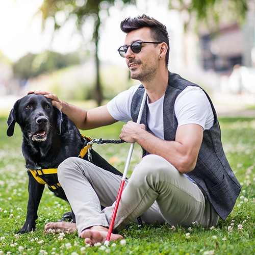 Image of young blind man with guide dog sitting on the grass.