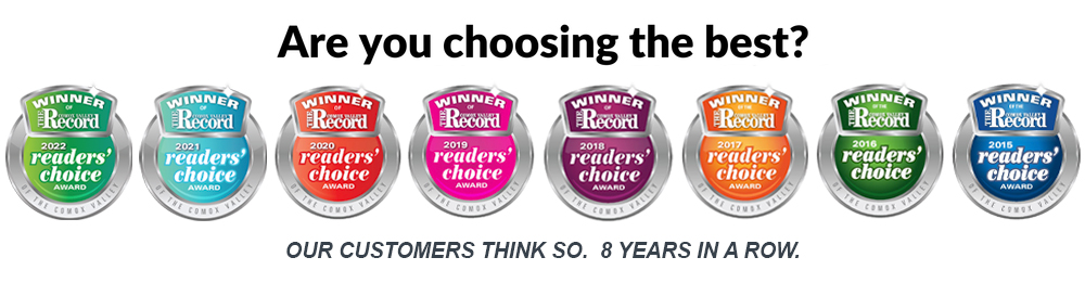 Image of eight colourful 2022 to 2015 Readers Choice Award Badges
